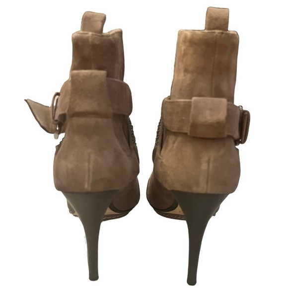 KORS Michael Kors Beige Suede Peep Toe Stiletto Ankle Boot with Metal Straps - Picture 8 of 16